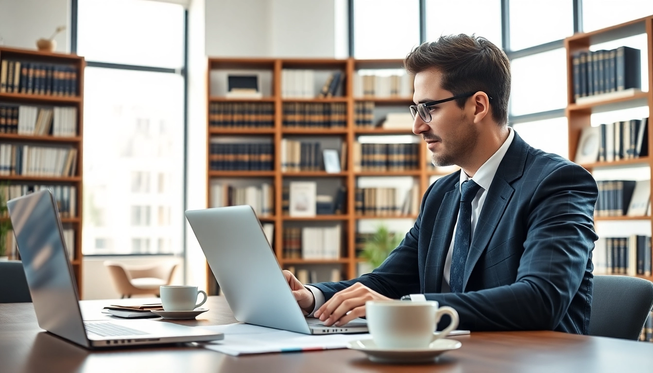 An intellectual property lawyer consulting with a client in a modern office environment.