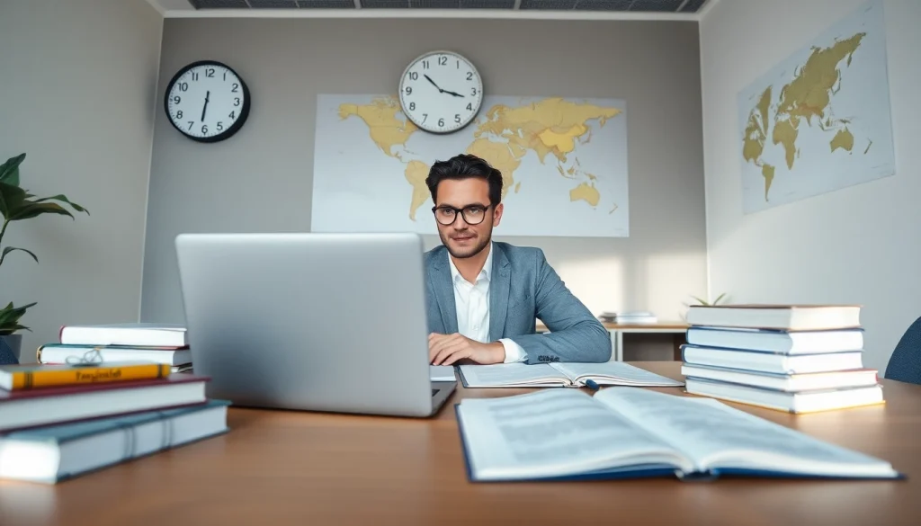 Tłumacz przysięgły working in a modern office, highlighting professionalism and global communication.