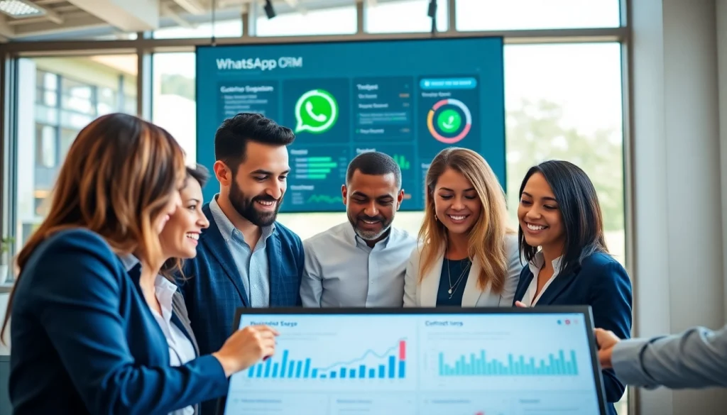 Collaborating professionals utilizing WhatsApp Smart CRM displayed on a digital dashboard in a modern office.