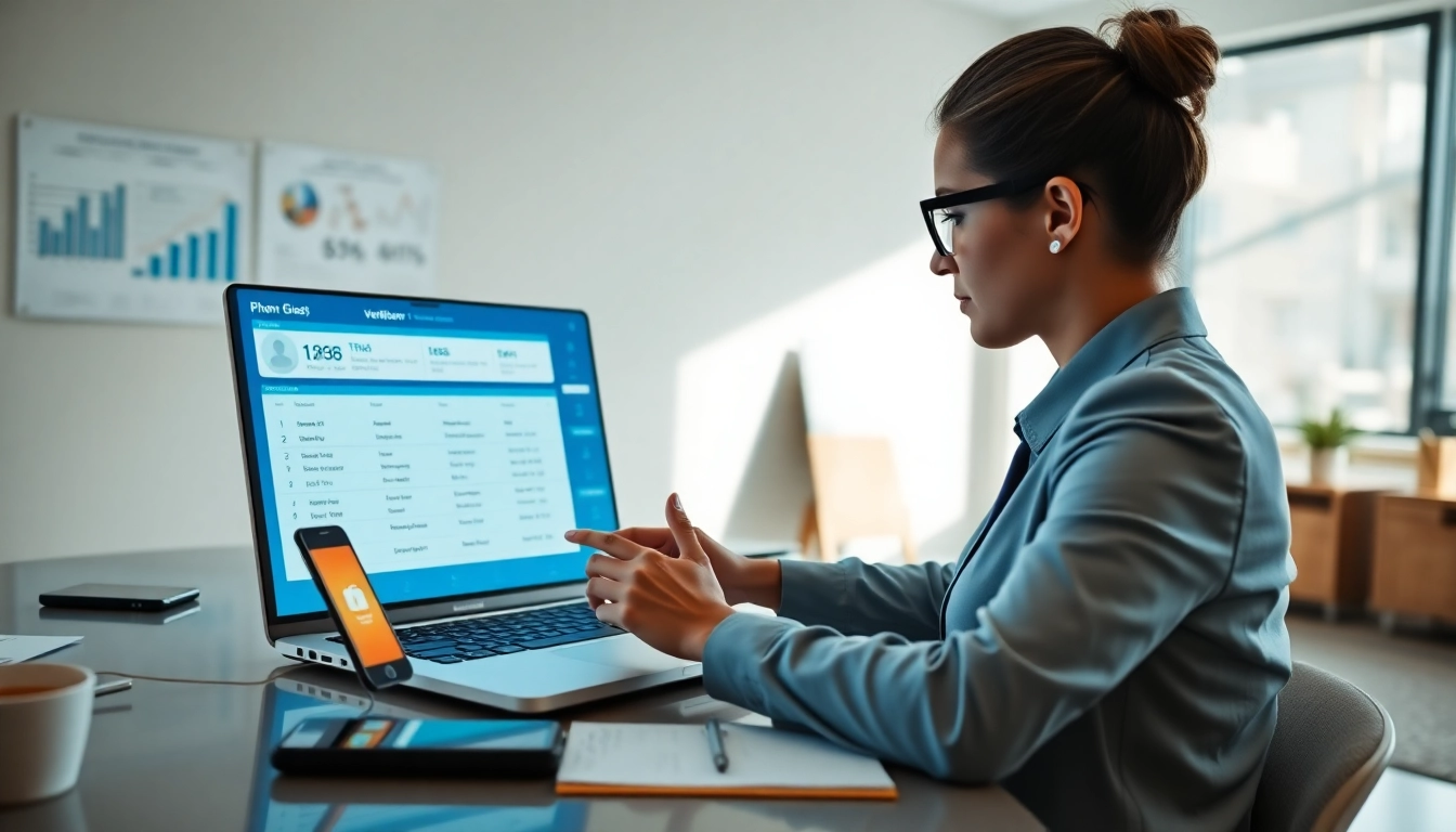 Phone number verification tools displayed on a laptop in a modern office environment.