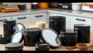 Black tins elegantly displayed in a modern kitchen setting, showcasing various designs and storage capabilities.