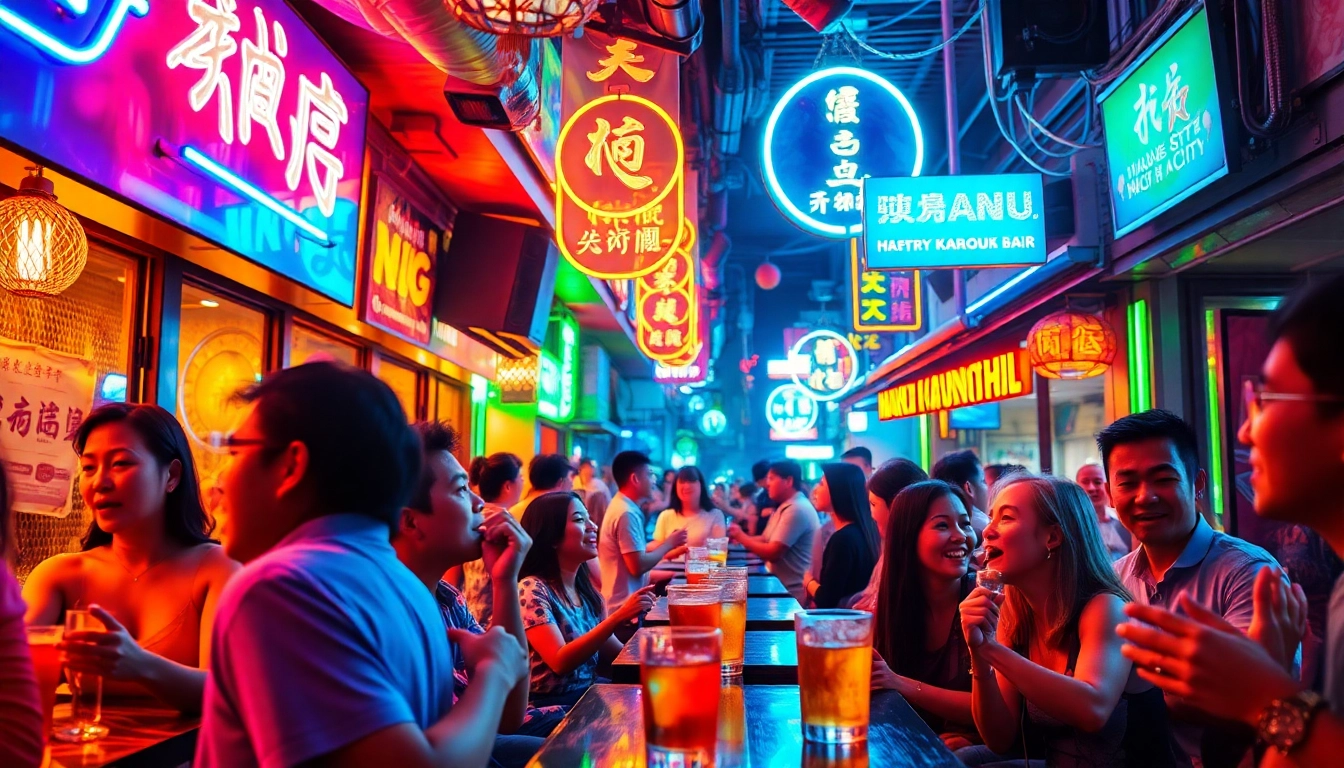 Explore the lively 호치민밤문화 scene in a colorful karaoke bar filled with patrons enjoying nightlife.