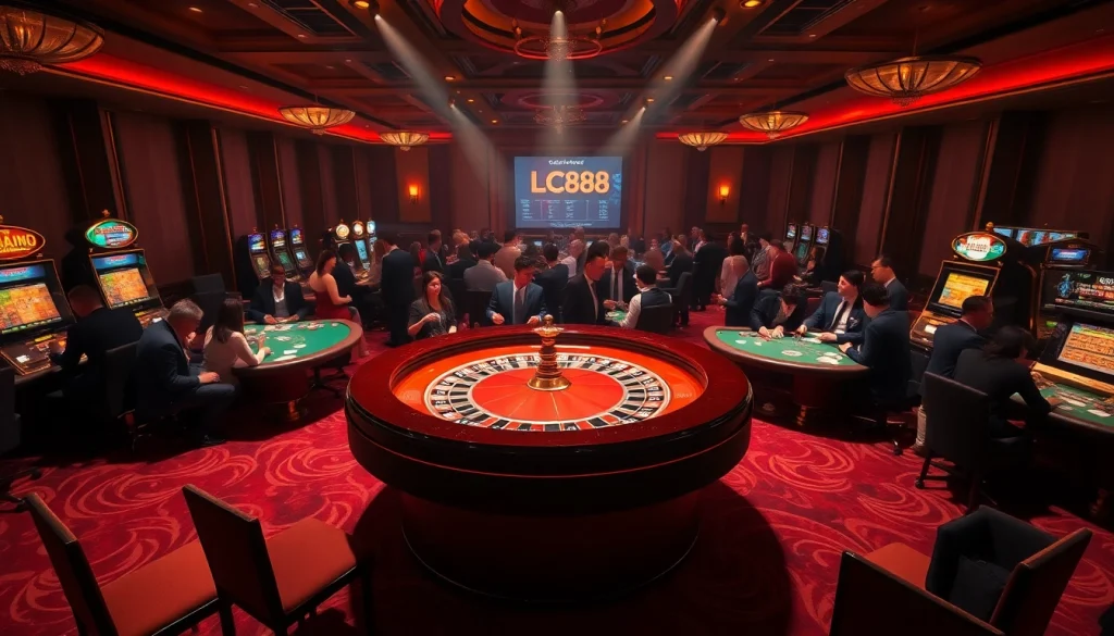A thrilling casino scene featuring players engaged in high-stakes gambling amidst vibrant lc88 tables and slot machines.