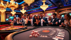 Players enjoying a thrilling experience at tha-bet's casino tables with chips and cards