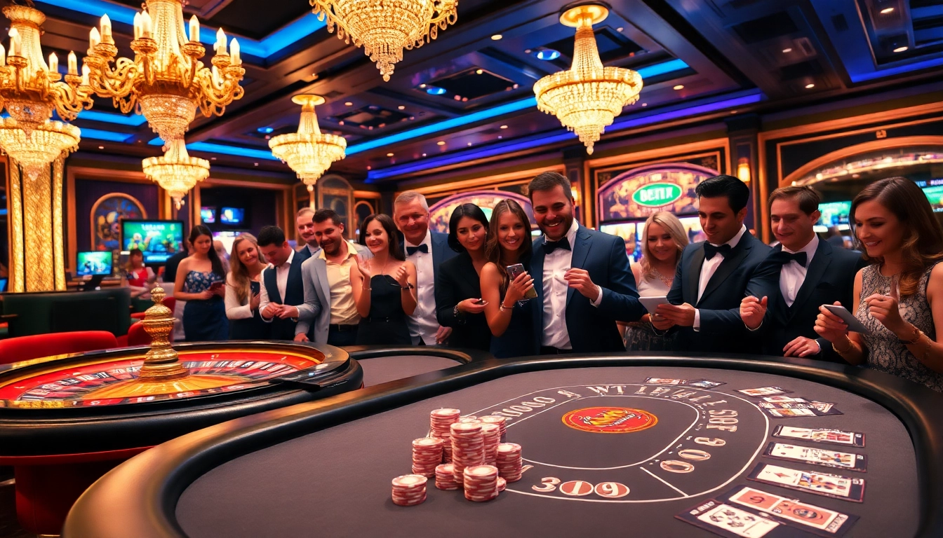 Players enjoying a thrilling experience at tha-bet's casino tables with chips and cards
