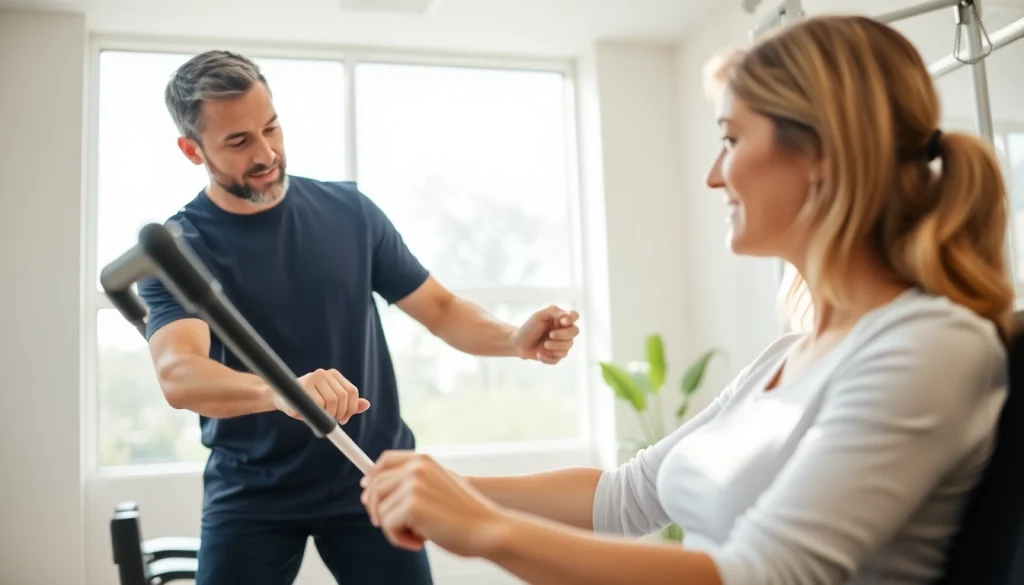 Engaging physical therapy marketing scene featuring a therapist assisting a patient in a modern clinic.
