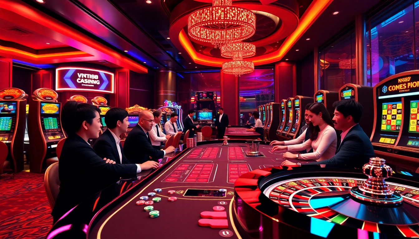 Experience the thrill of vn168 đăng ký with vibrant casino games, poker chips, and a roulette wheel.