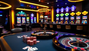 Enjoying strategy games at the Luck8 casino, showcasing poker tables and roulette wheels.