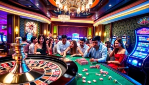 Experience the excitement of tai game uu88 with vibrant casino gaming scenes and players engaged in thrilling bets.