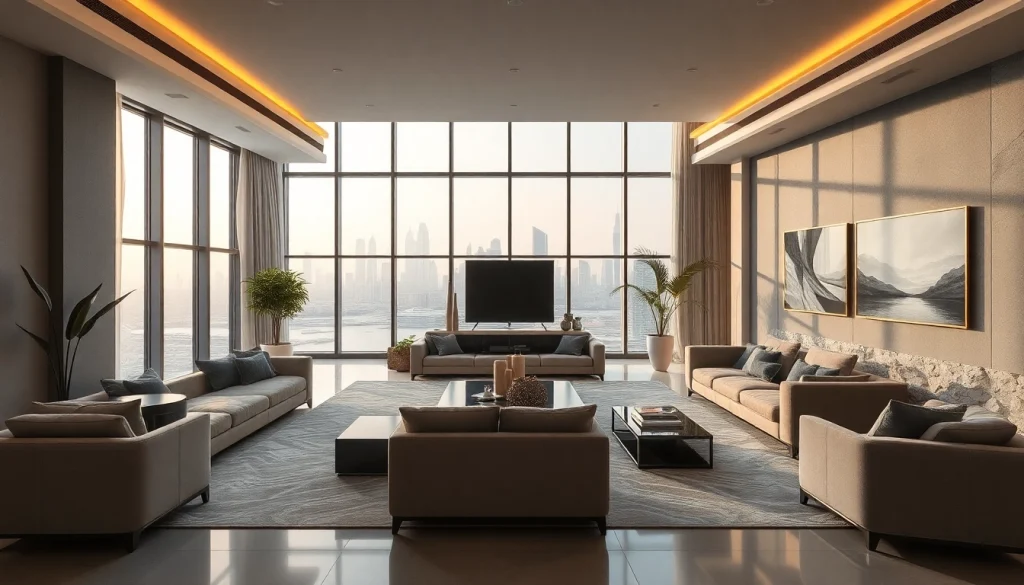 Showcasing a luxurious interior design dubai with modern furniture and city views