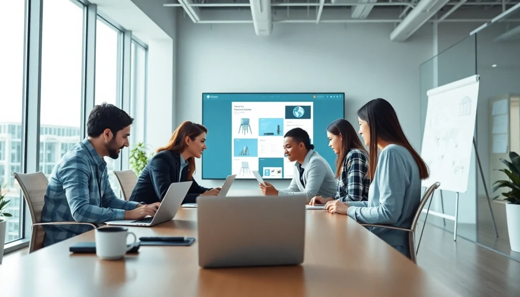 dịch vụ thiết kế website: a modern office scene with design team collaborating over laptops and digital screens