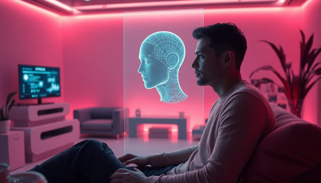 An interactive holographic companion embodying the concept of ai sex in a romantic, futuristic setting.