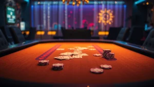 A mesa de uma casa de apostas bet da sorte, repleta de fichas e cartas, capturando a emoção do jogo.