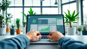 Engaging interface of WhatsApp Smart CRM on a sleek laptop in a bright office setting.