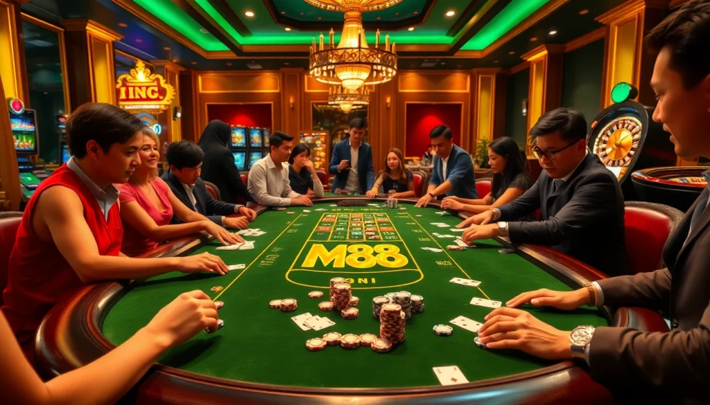 Players enjoying a thrilling game at the M88 casino table, surrounded by elegant decor and vibrant atmosphere.