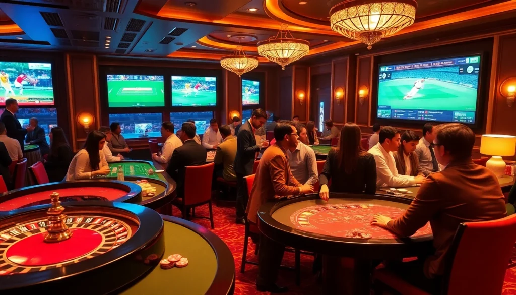 Excited players engaging in live sports betting at www.indibet with casino elements and vibrant décor.