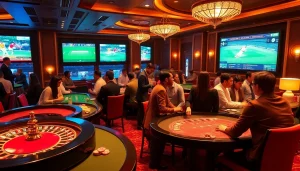 Excited players engaging in live sports betting at www.indibet with casino elements and vibrant décor.