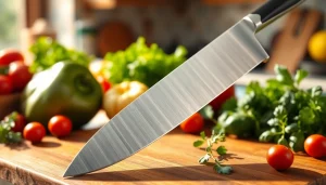 Showcasing a chef’s knife NZ on a cutting board with fresh ingredients, emphasizing its quality and sharpness.