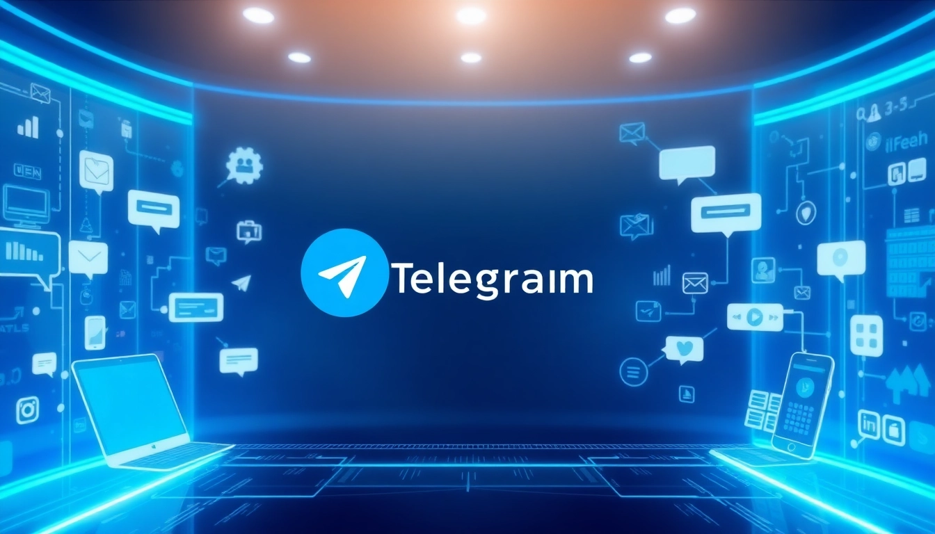 Telegram官网下载 surrounded by modern communication tools in a tech-inspired design.