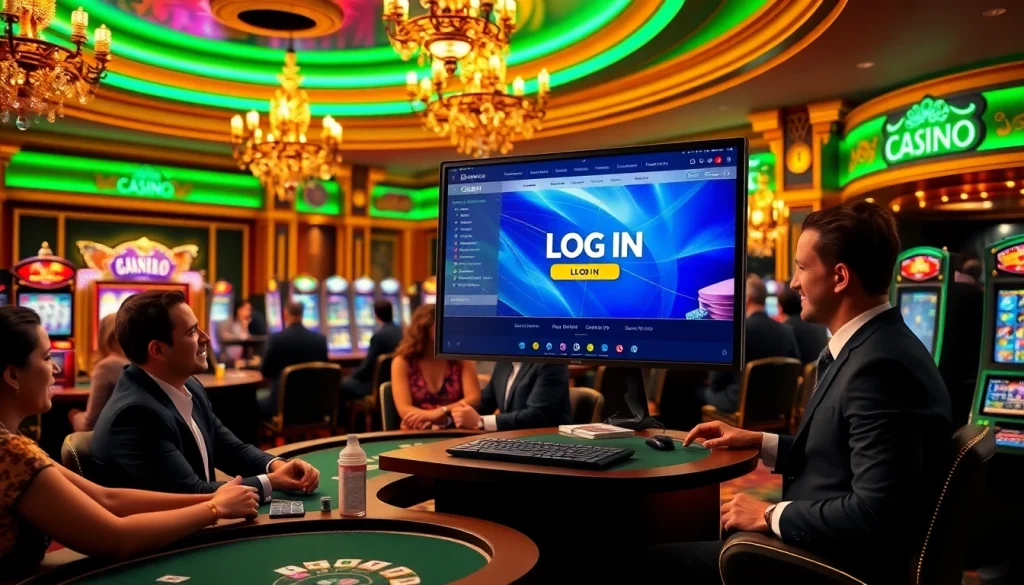 LOG IN to a vibrant casino experience with players enjoying poker and slots.