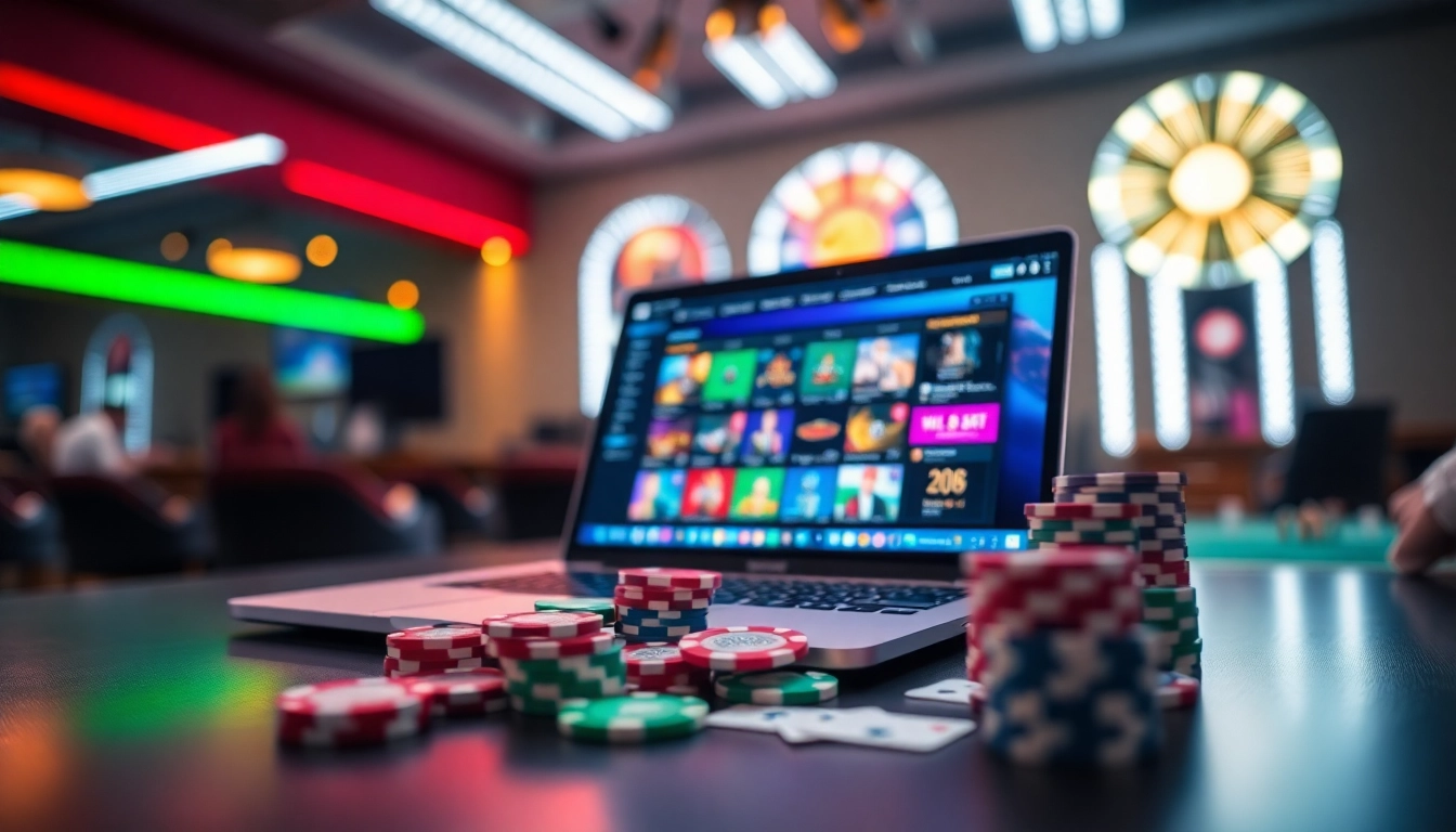 Experience online casinos in Canada with vibrant gaming setup, showcasing colorful chips and cards.
