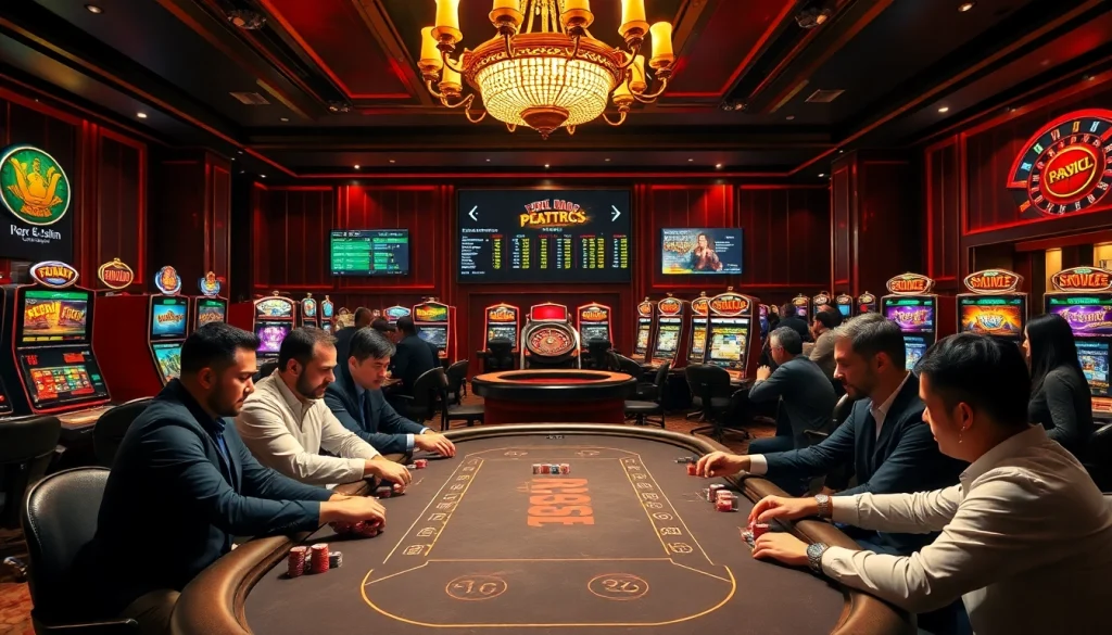 Intense poker game highlighting k88win with vibrant slot machines and luxury atmosphere.