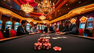 A thrilling poker game scene at KJ C casino with players, chips, and vibrant atmosphere.