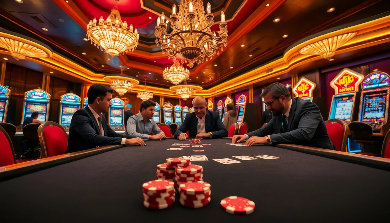 A thrilling poker game scene at KJ C casino with players, chips, and vibrant atmosphere.