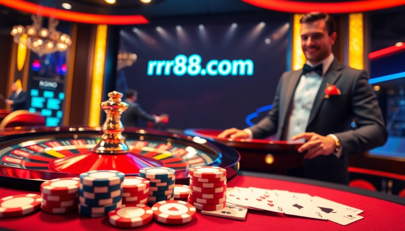Experience the thrilling ambiance of online gambling at rr88.com with vibrant casino tables and professional dealers.