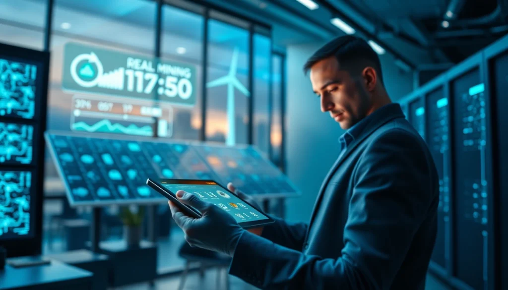 Professional user engaging with a cloud mining app displaying renewable energy sources and mining statistics.