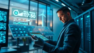 Professional user engaging with a cloud mining app displaying renewable energy sources and mining statistics.