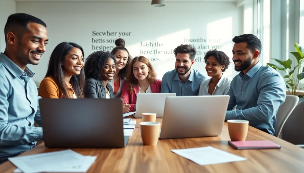 Engaged professionals collaborating in a vibrant job search environment.