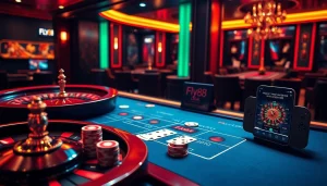 Engaging casino scene featuring Fly88 Legal’s online gambling interface with poker chips and cards.