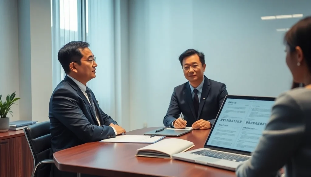 Scène professionnelle avec un traducteur assermenté chinois aidant des clients dans un bureau moderne.