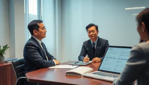 Scène professionnelle avec un traducteur assermenté chinois aidant des clients dans un bureau moderne.