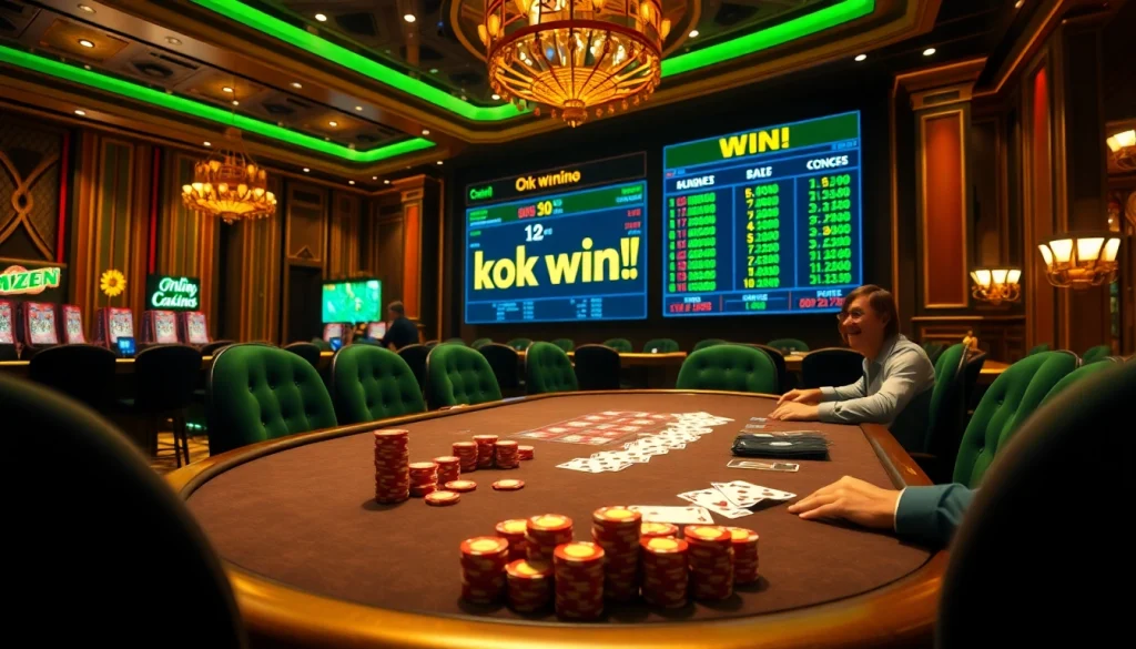 Experience the thrill of playing ok win at an elite poker table with vibrant casino elements.