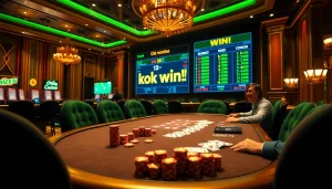 Experience the thrill of playing ok win at an elite poker table with vibrant casino elements.