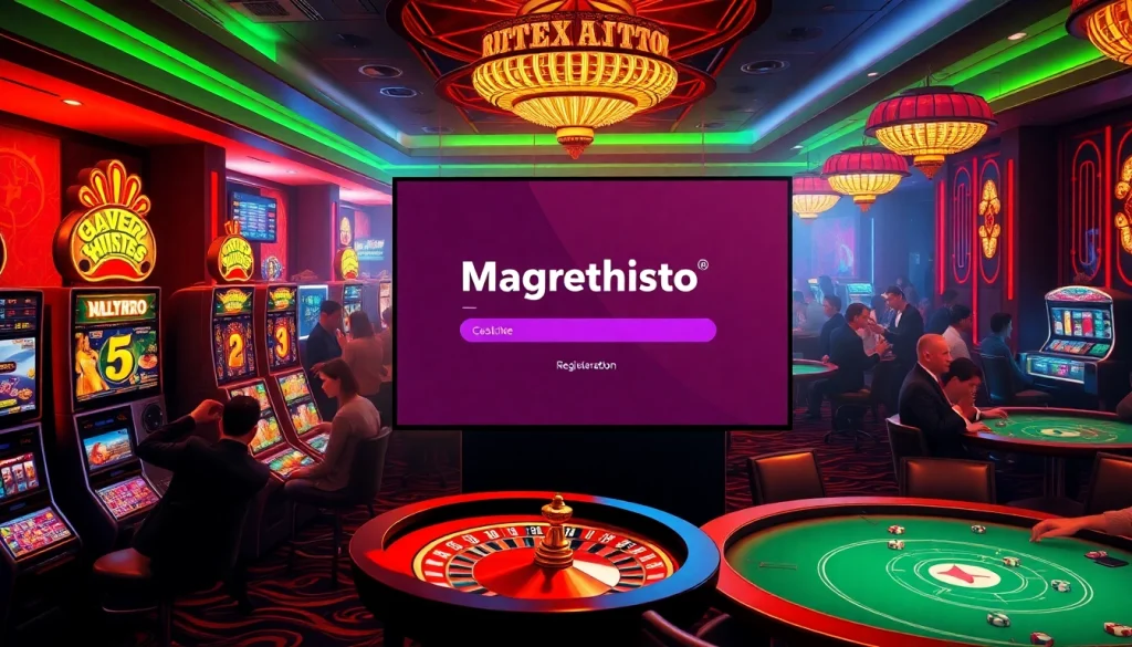 Exciting gambling scene with players engaging in games and the keyword Magrehistro emphasized in a digital format.