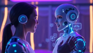AI sex interaction with a virtual avatar in an immersive digital environment.