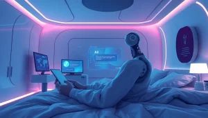 Engaging with an AI companion in a modern, futuristic bedroom emphasizing ai sex themes.