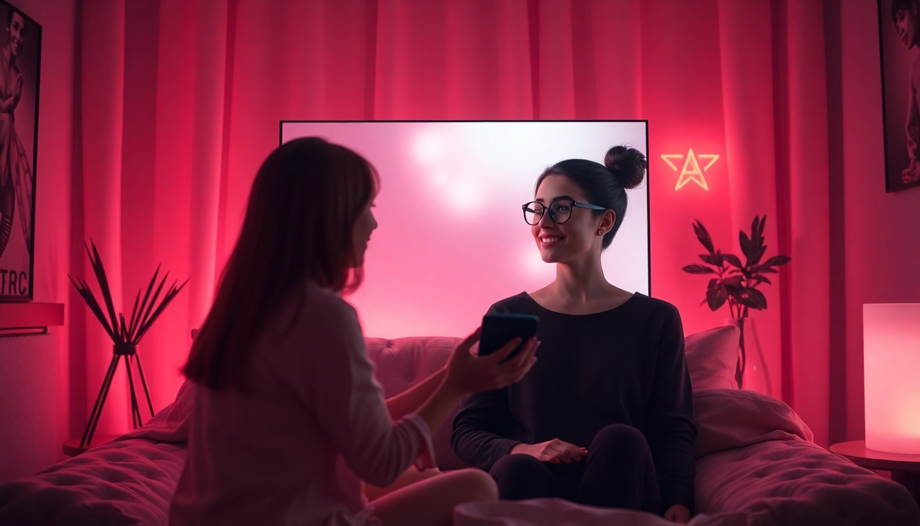 Engaging ai sex chat interaction with a friendly AI character in a cozy digital setting.