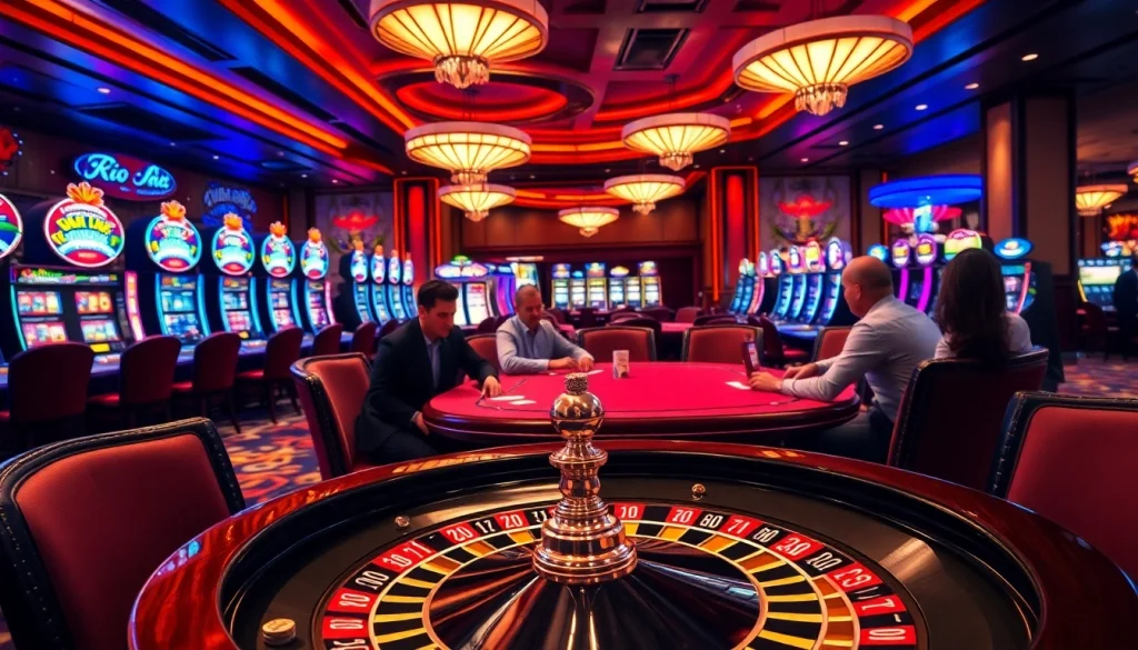 Engage in high-stakes poker at the Rio casino, surrounded by vibrant slot machines and luxurious decor.