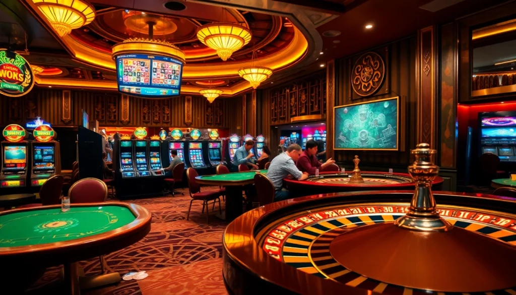Engaging casino scene featuring https://789winjj.com/ with vibrant slot machines and poker tables.