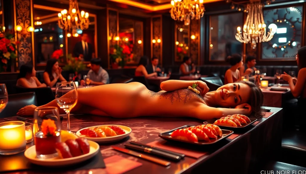 Body sushi elegantly presented on a model at Club Noir, showcasing luxury dining experience.