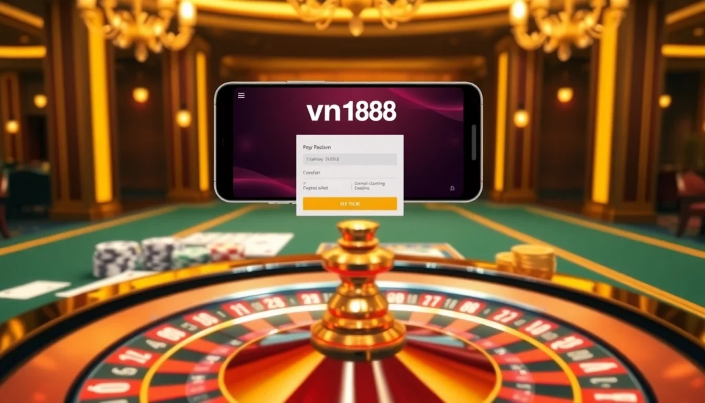 Experience winning with vn168 đăng ký in a luxurious casino setting featuring roulette and poker chips.