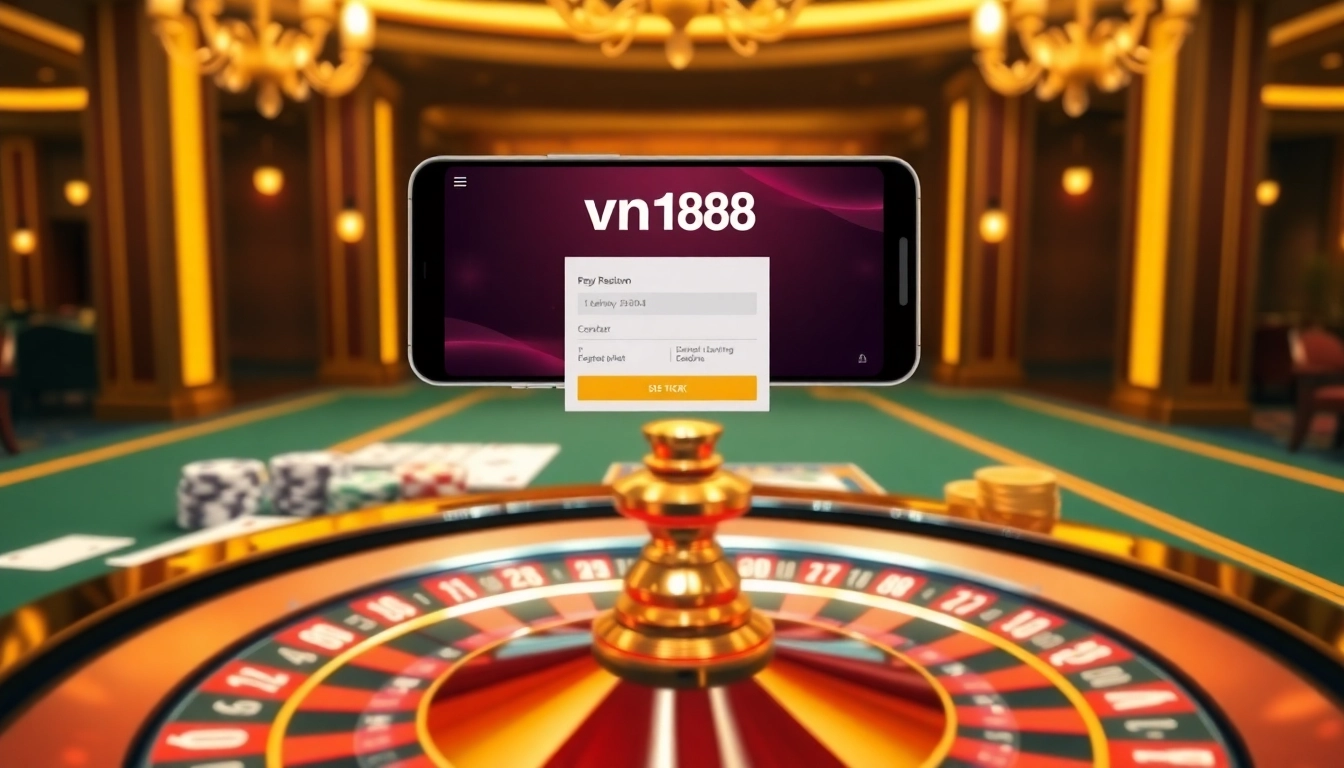 Experience winning with vn168 đăng ký in a luxurious casino setting featuring roulette and poker chips.
