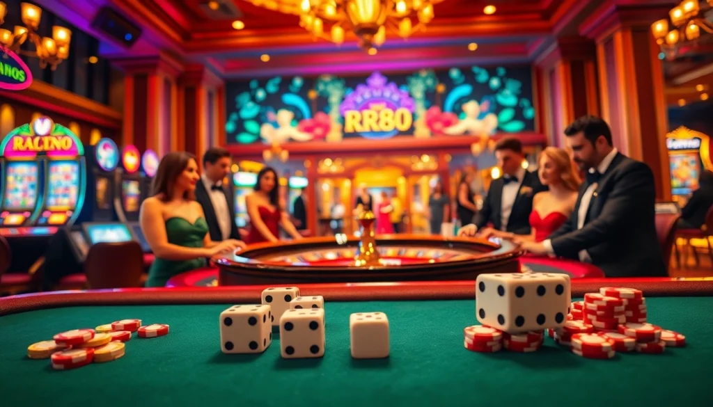 Experience the excitement of gambling at rr88.com with luxurious casino tables, colorful slot machines, and thrilling gameplay.