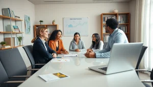 Scena di consulenza finanziaria coinvolgente presso clinicadeldebito.it, che mostra un consulente professionale con una famiglia in un ufficio moderno.