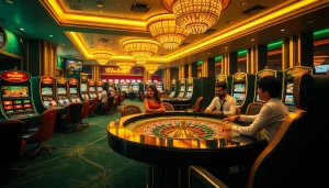 Khela88 casino offers exciting gameplay with players at a roulette table and vibrant slot machines.