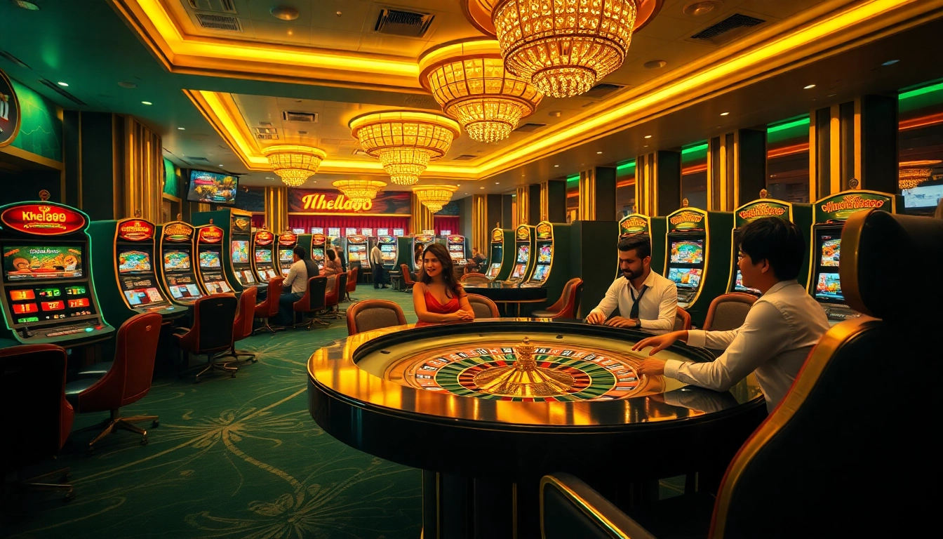 Khela88 casino offers exciting gameplay with players at a roulette table and vibrant slot machines.